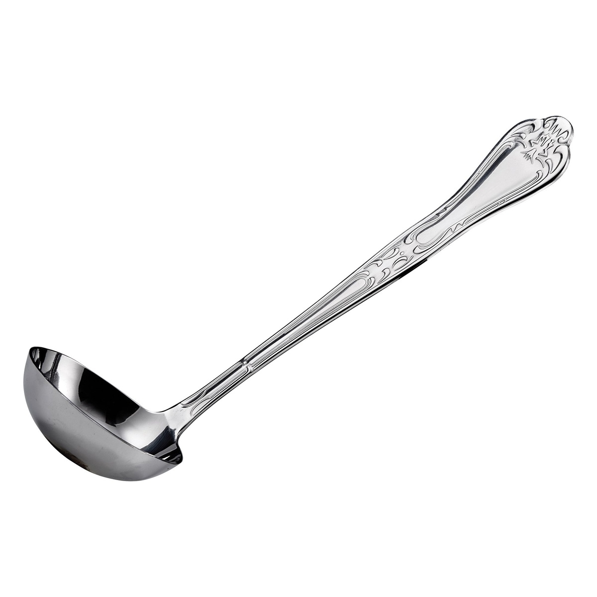 Winco LE-2 2 oz Elegance stainless steel gravy ladle with decorative carved handle and deep rounded bowl