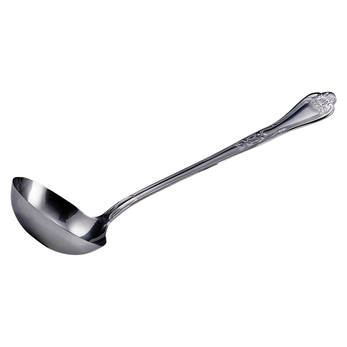 Winco LE-4 13-inch stainless steel gravy and soup ladle with Elegance pattern handle and deep rounded bowl