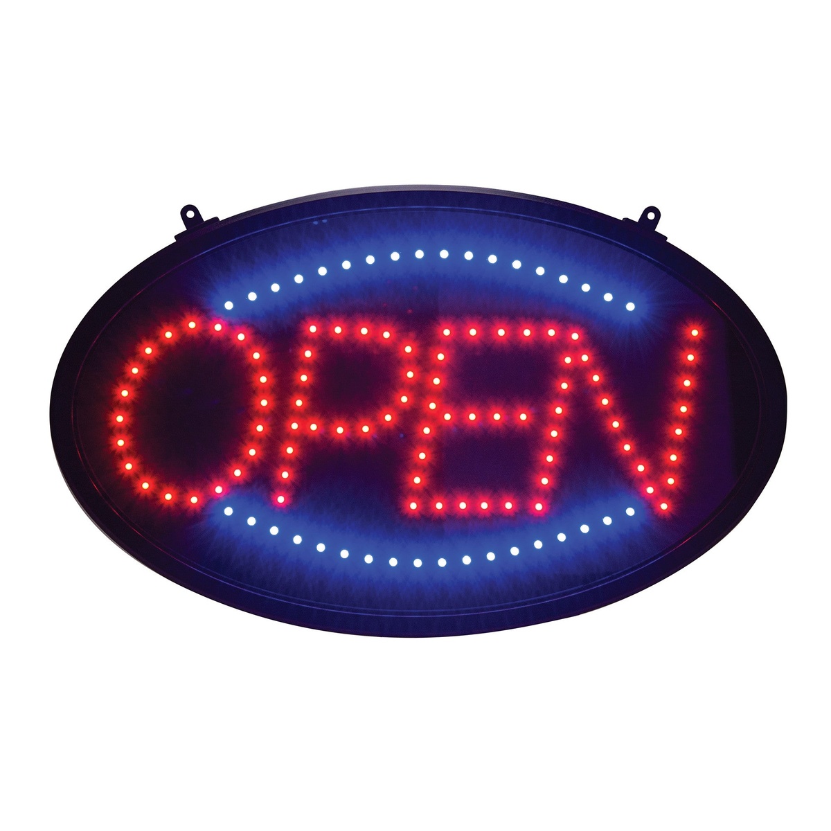 Winco LED-10 oval LED Open sign with red OPEN lettering and white border LEDs on black oval frame
