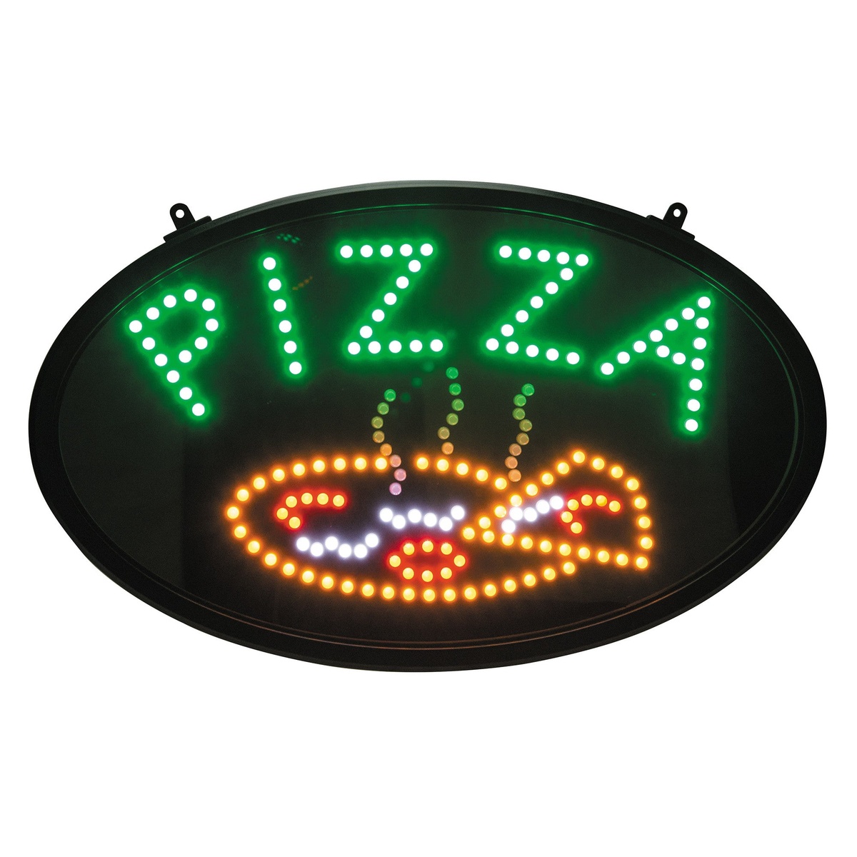 Winco LED-11 oval LED pizza sign illuminated with green PIZZA text and colorful pizza graphic on black background