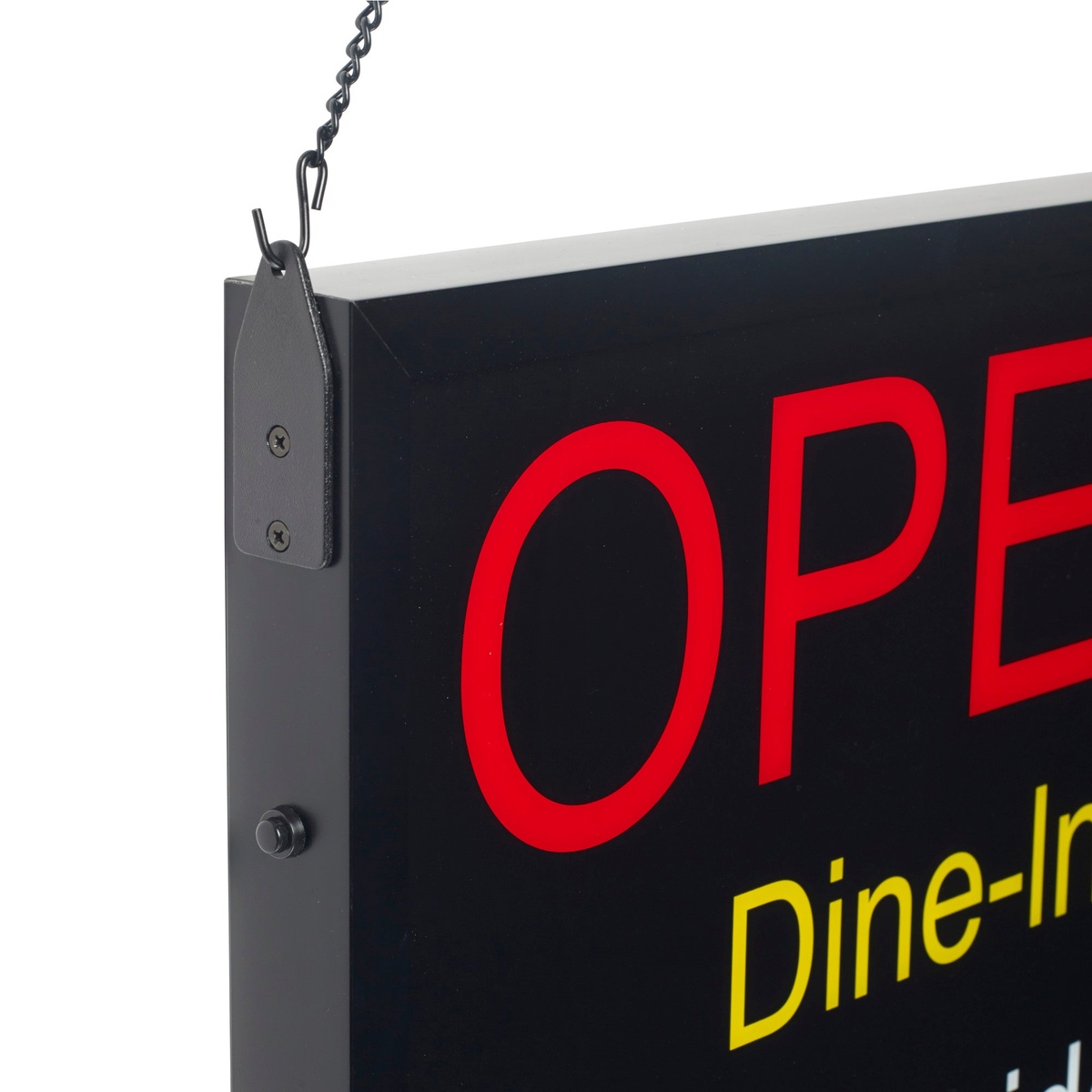 Close-up of the top corner of the Winco LED-20 sign showing the metal hanging chain and bracket detail