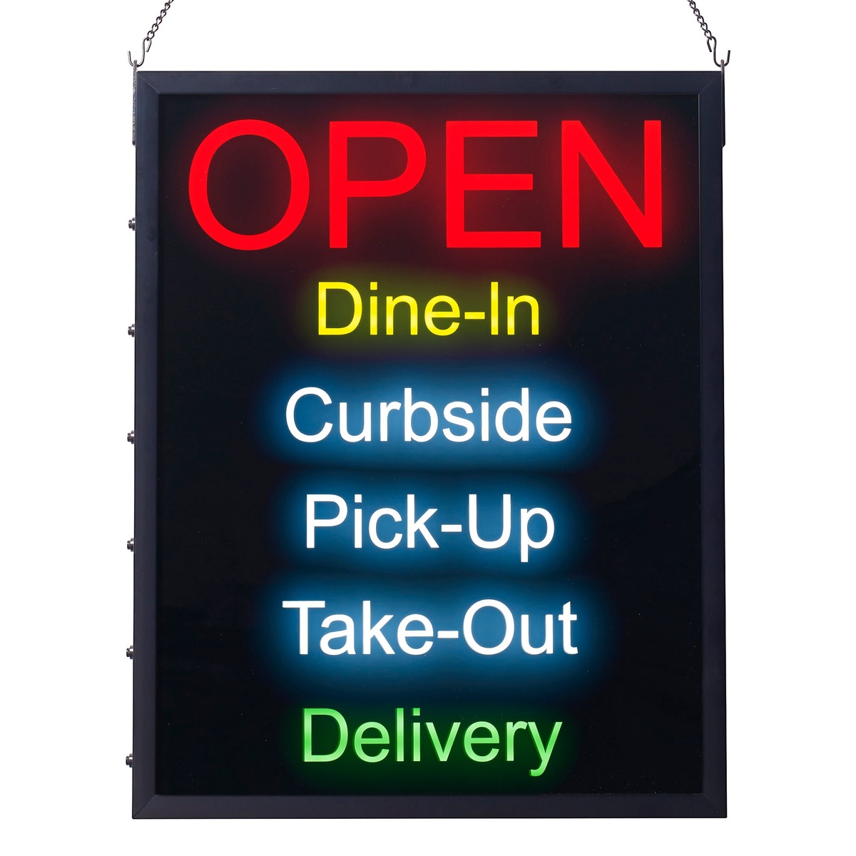 Winco LED-20 all-in-one LED sign fully illuminated showing Open, Dine-In, Curbside, Pick-Up, Take-Out, and Delivery messages