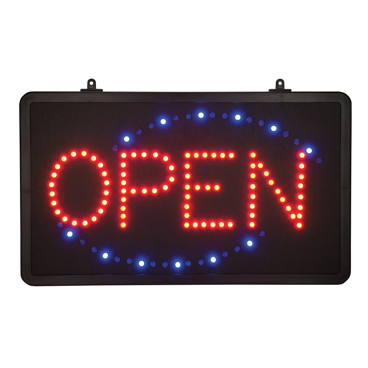 Winco LED-6 rectangular OPEN LED sign with red, yellow, and blue illuminated letters on black frame
