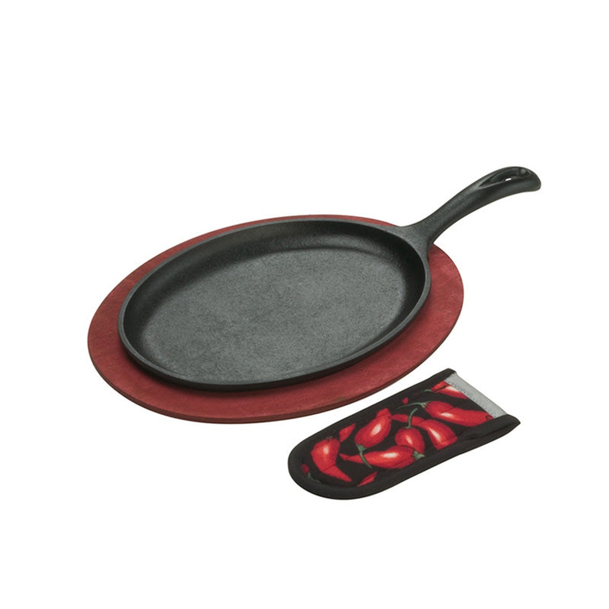 Lodge LFSR3 oval cast iron fajita skillet with red wood underliner and chili pepper handle holder, shown on white background
