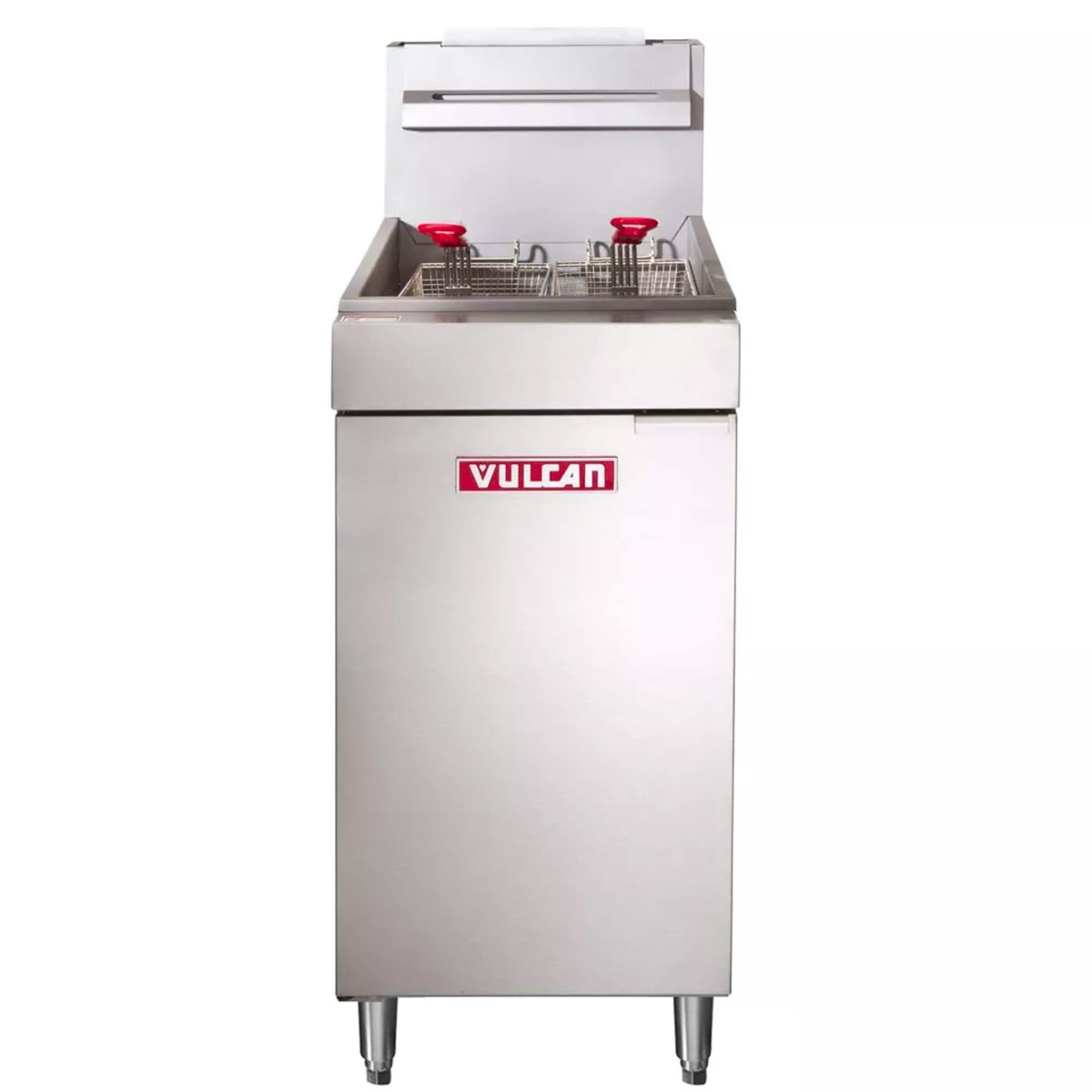 Front view of Vulcan LG400-LP freestanding gas fryer with twin baskets