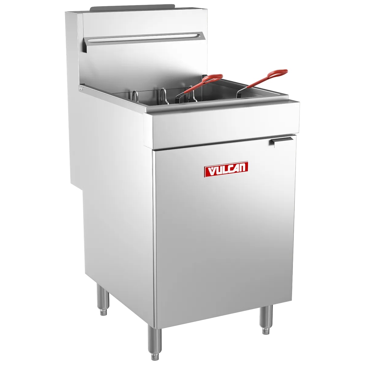 Vulcan LG500-LP freestanding liquid propane floor fryer with stainless steel exterior and open fry baskets