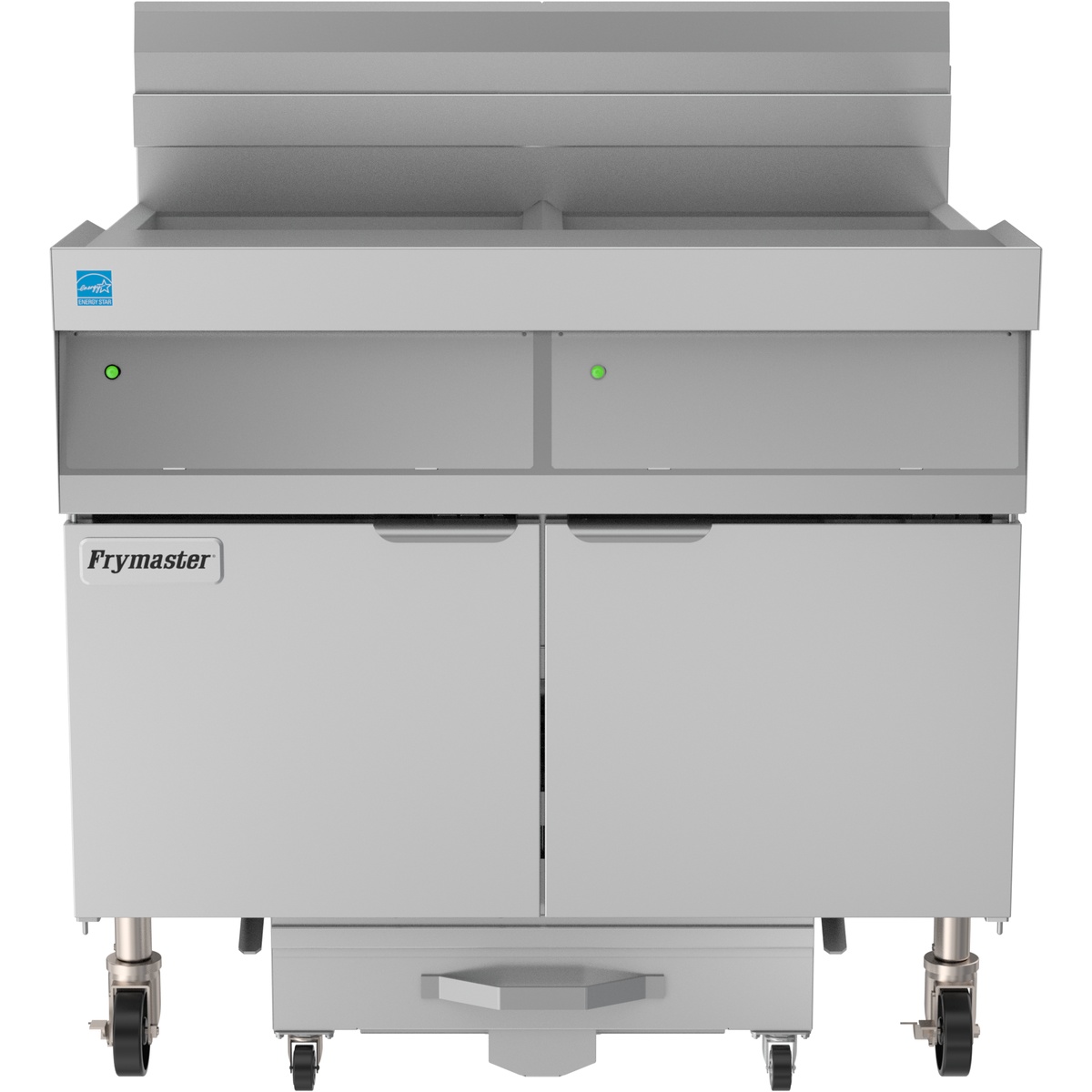 Frymaster LHD165 large-vat gas floor fryer, stainless steel, front view with doors closed and casters