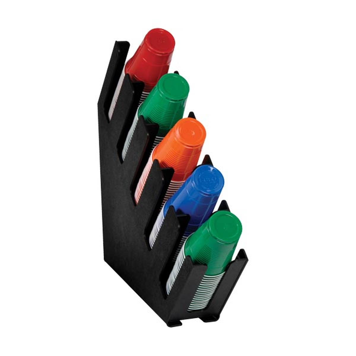 Dispense-Rite LID-5BT black 5-section countertop cup and lid organizer holding colorful cups