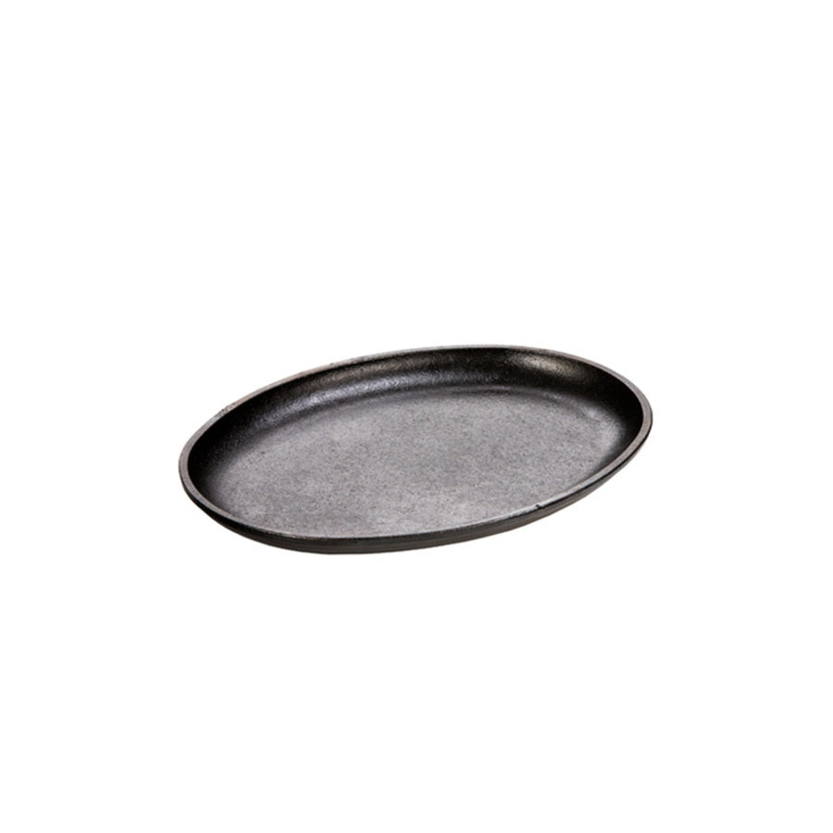 Lodge Jumbo Oval Cast Iron Serving Griddle angled side view showing low-profile rim and seasoned black surface