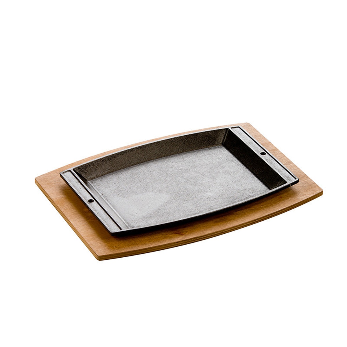 Lodge cast iron rectangular griddle resting on a curved wooden serving board, shown from above on a white background