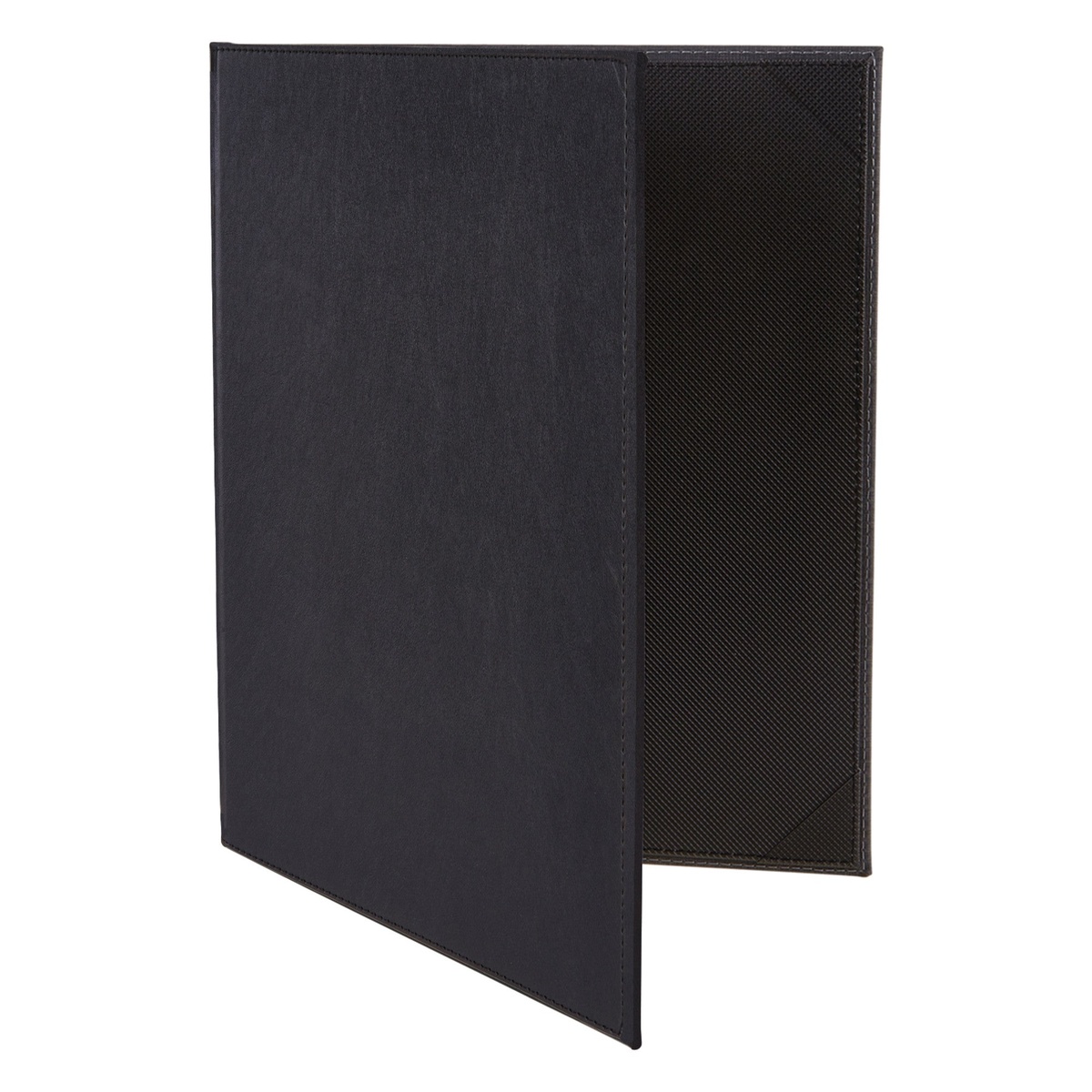 Winco LMD-811BK black leatherette menu cover open angled view showing dual panels