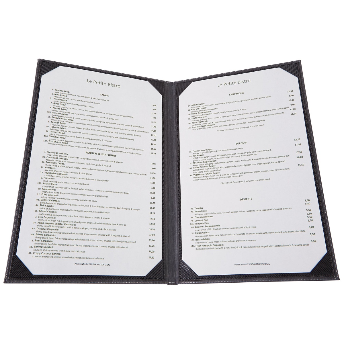 Winco LMD-811BK menu cover open with letter-size menu pages secured in interior picture corners