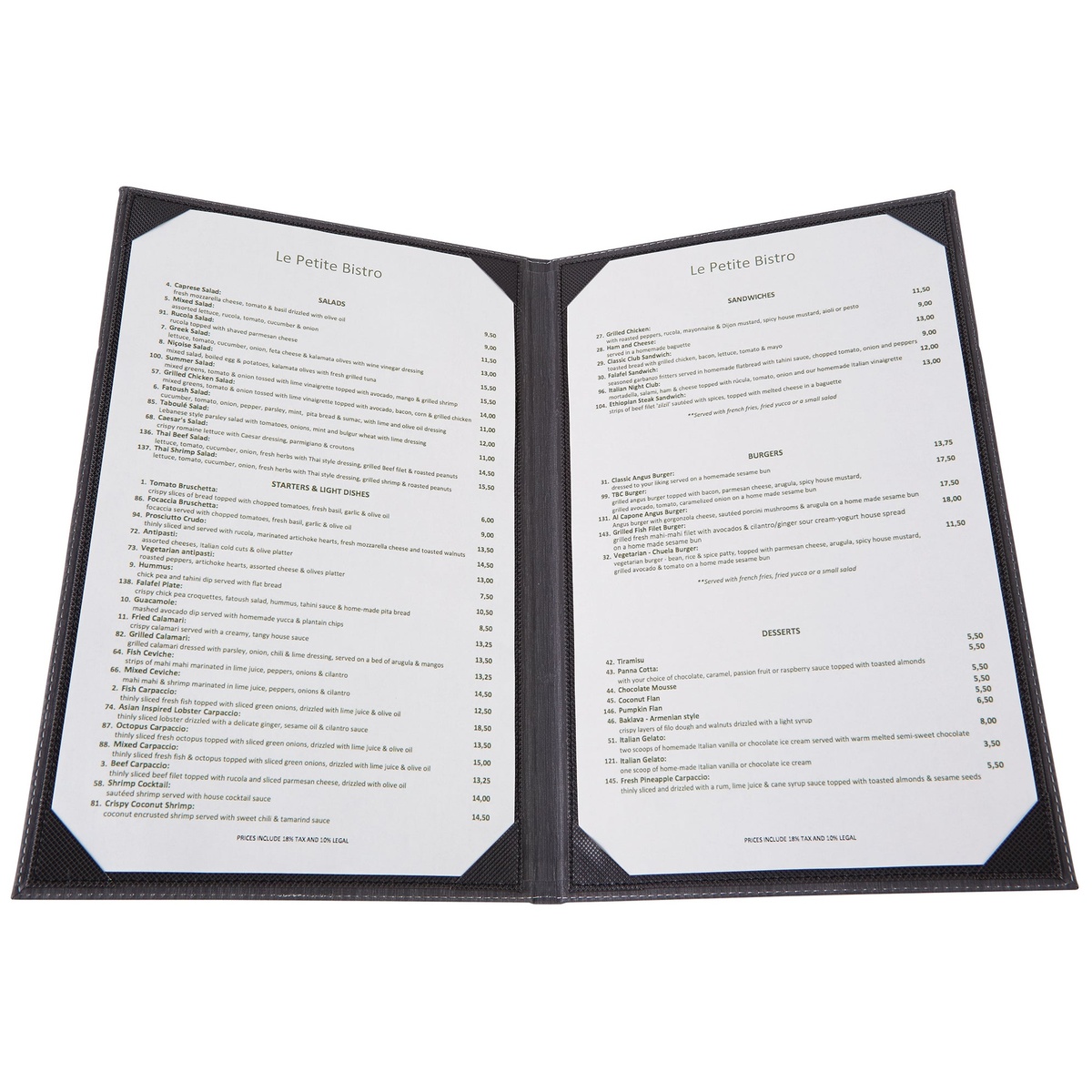 Winco LMD-811GY menu cover open with letter-size restaurant menu pages inserted in picture corners
