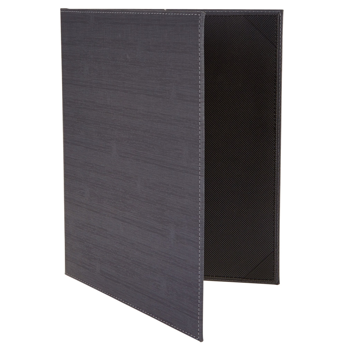 Winco LMD-811GY grey menu cover open, showing black textured interior panels
