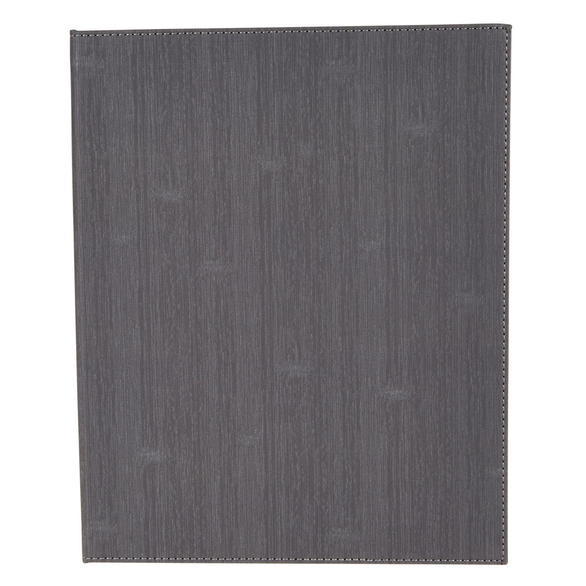 Winco LMF-814GY gray leatherette menu cover closed, showing textured exterior with double-sided stitching