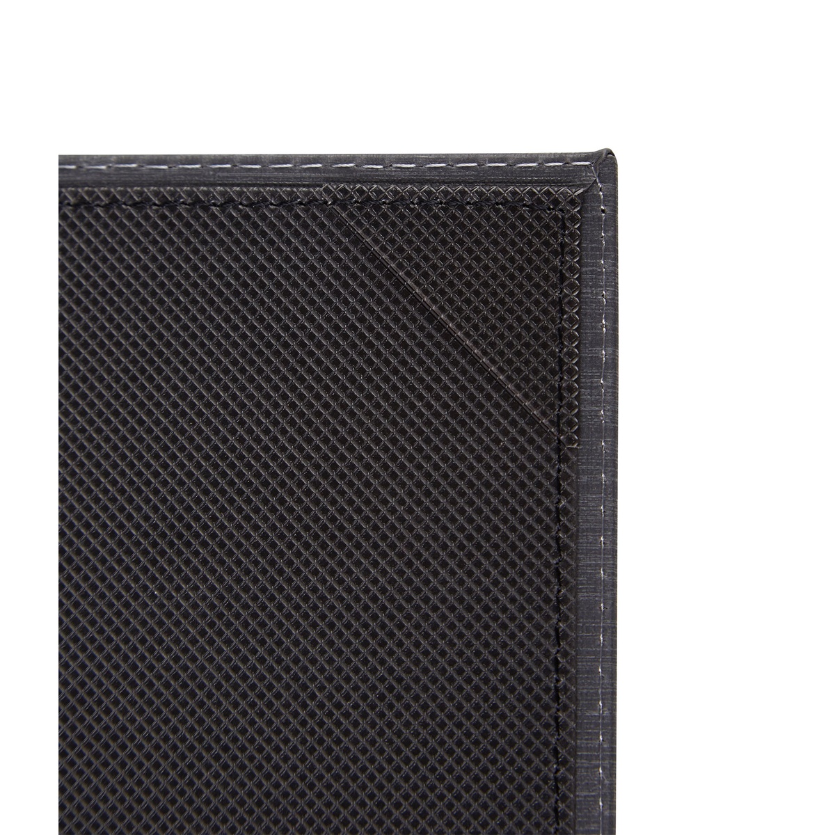 Close-up of the Winco LMF-814GY interior corner showing textured black lining material and picture corner detail with stitched border