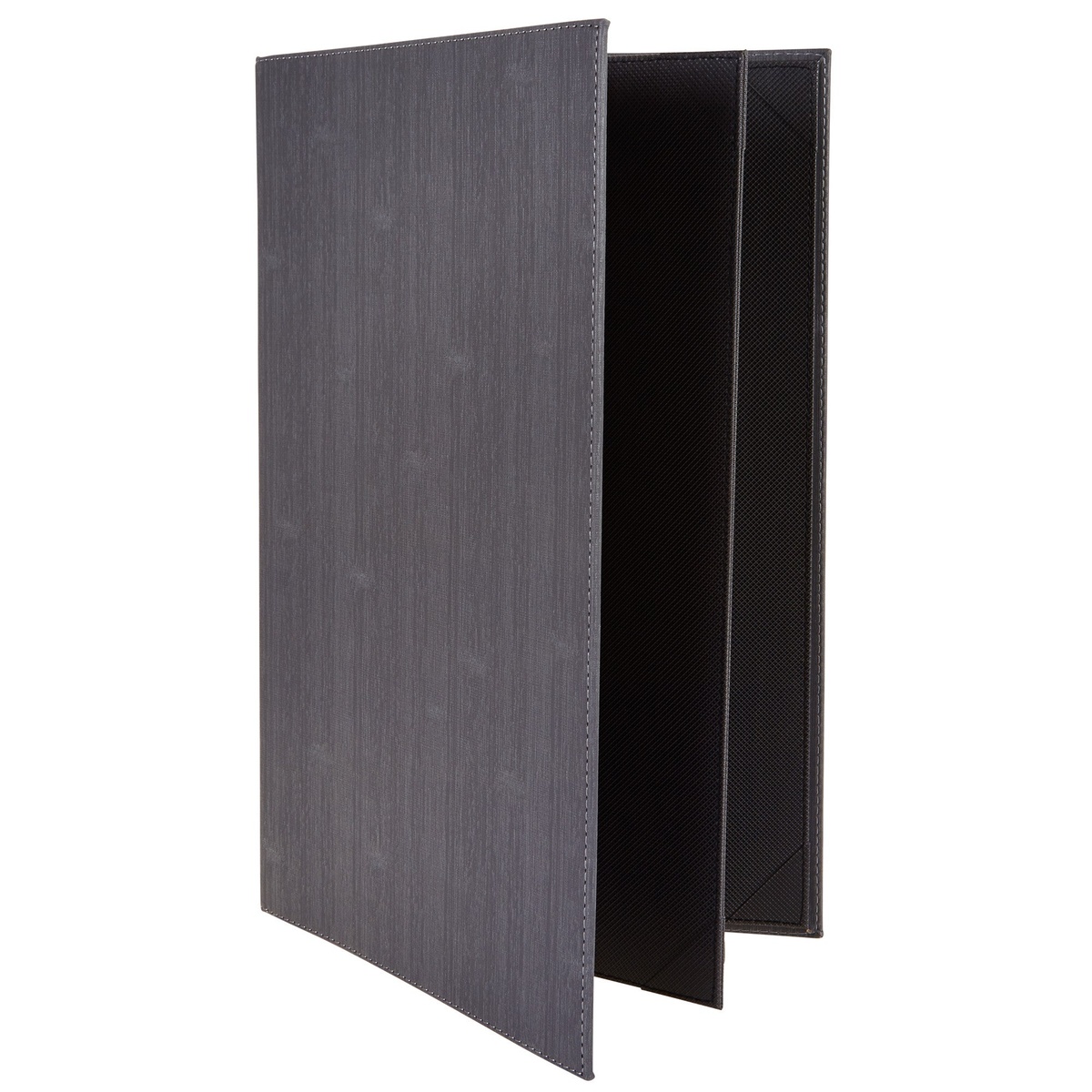 Winco LMF-814GY gray leatherette menu cover open and fanned, revealing multiple interior panels with black lining