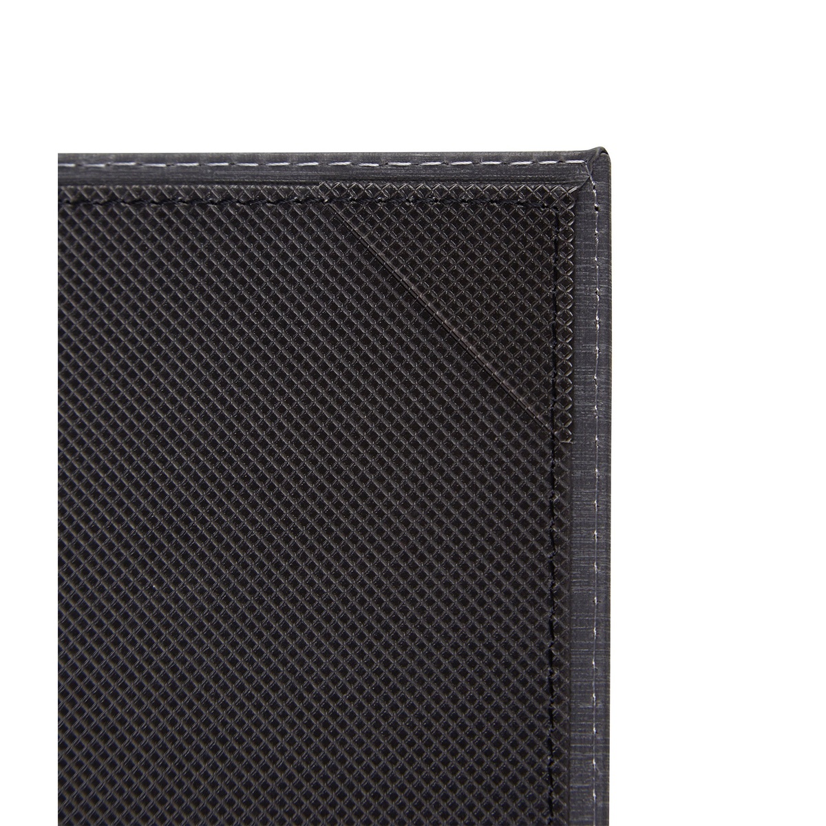 Close-up detail of Winco LMS-811BK menu cover corner showing textured leatherette surface and white contrast stitching