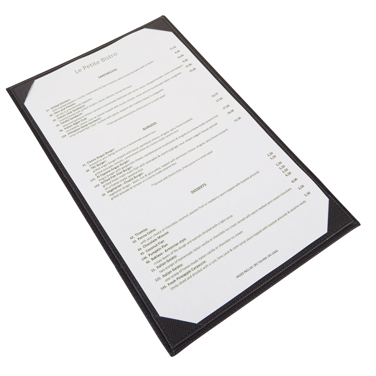 Winco LMS-811BK menu cover open and holding a letter-size restaurant menu insert, showing interior picture corners
