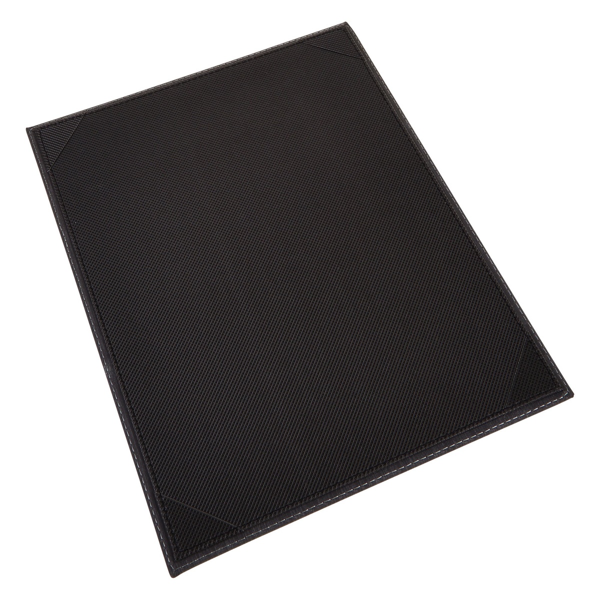 Winco LMS-811BK black leatherette single-panel menu cover, closed, showing textured exterior and stitched border