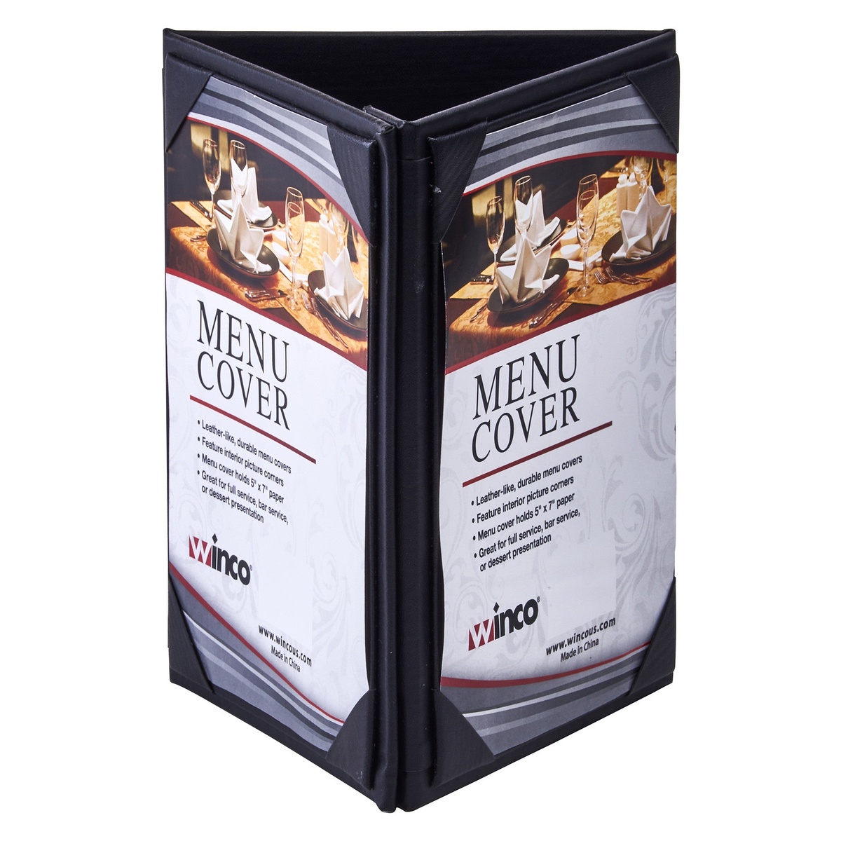 Winco LMTT-57BK black triple-view menu tent fully assembled showing three-panel display