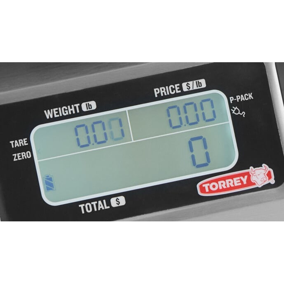 Close-up of Torrey LPC-40L backlit LCD display showing Weight, Price per lb, and Total fields