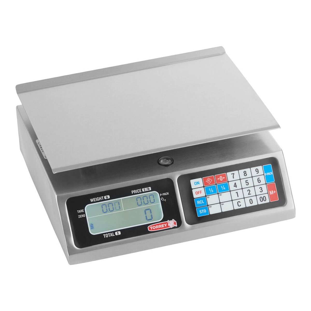 Torrey LPC-40L digital price computing scale front-angle view showing stainless steel platter, backlit LCD display, and color-coded keyboard