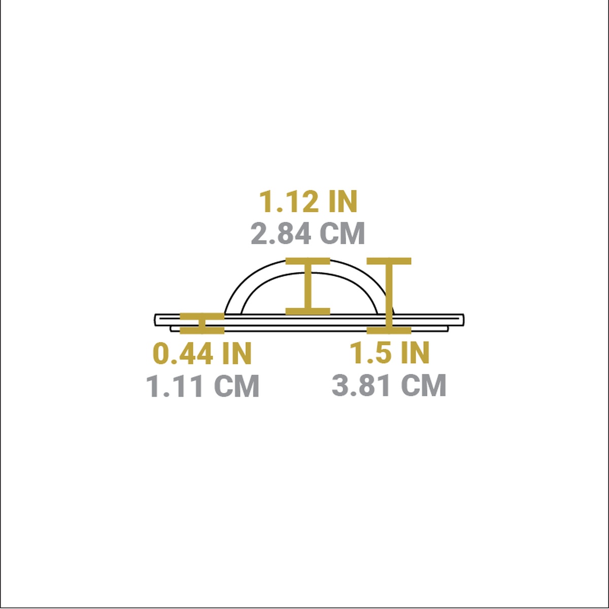Side-profile dimension diagram showing press height of 1.5 in (3.81 cm), body thickness 0.44 in (1.11 cm), and handle height 1.12 in (2.84 cm)