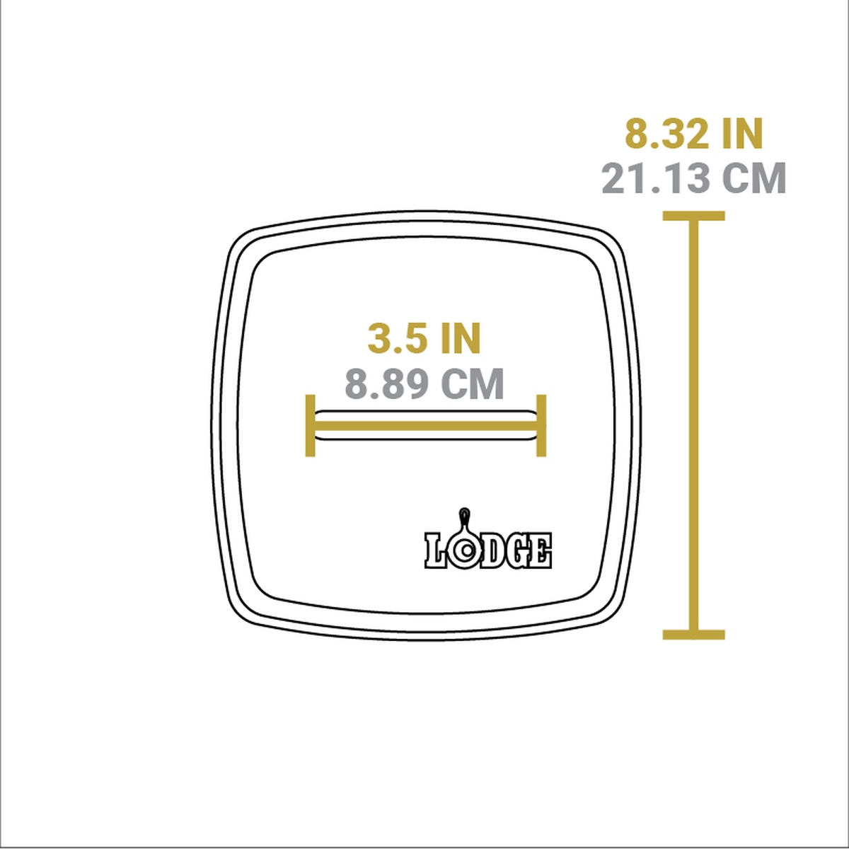 Top-view dimension diagram of Lodge LPP3 showing 8.32 in (21.13 cm) overall size and 3.5 in (8.89 cm) handle span