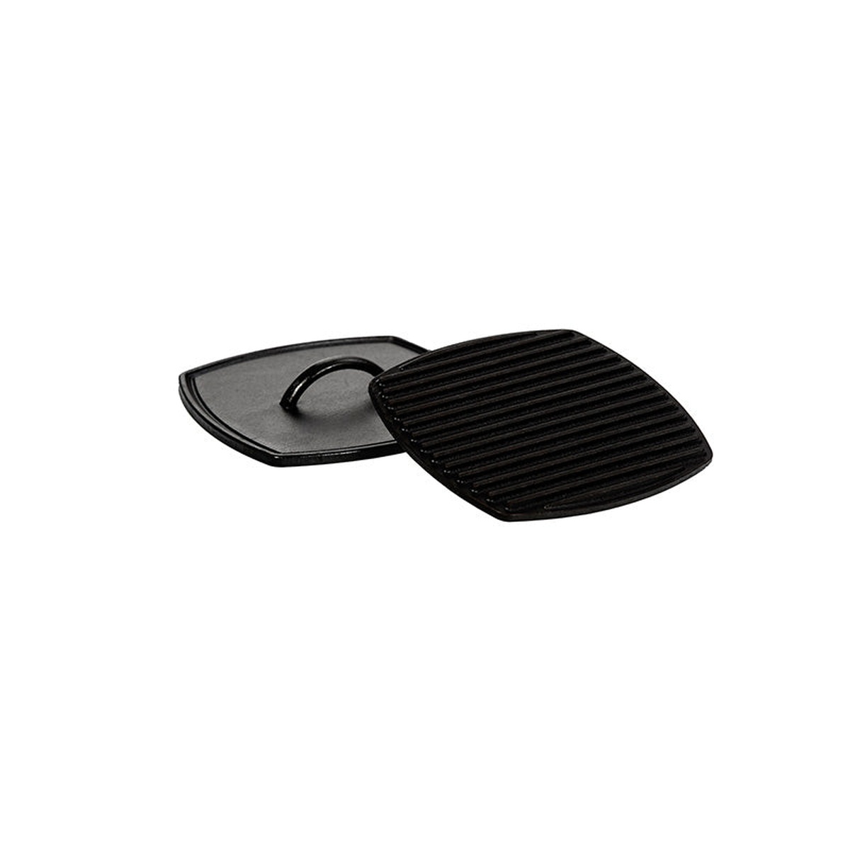 Lodge LPP3 seasoned cast iron ribbed grill press showing ribbed cooking surface and looped handle