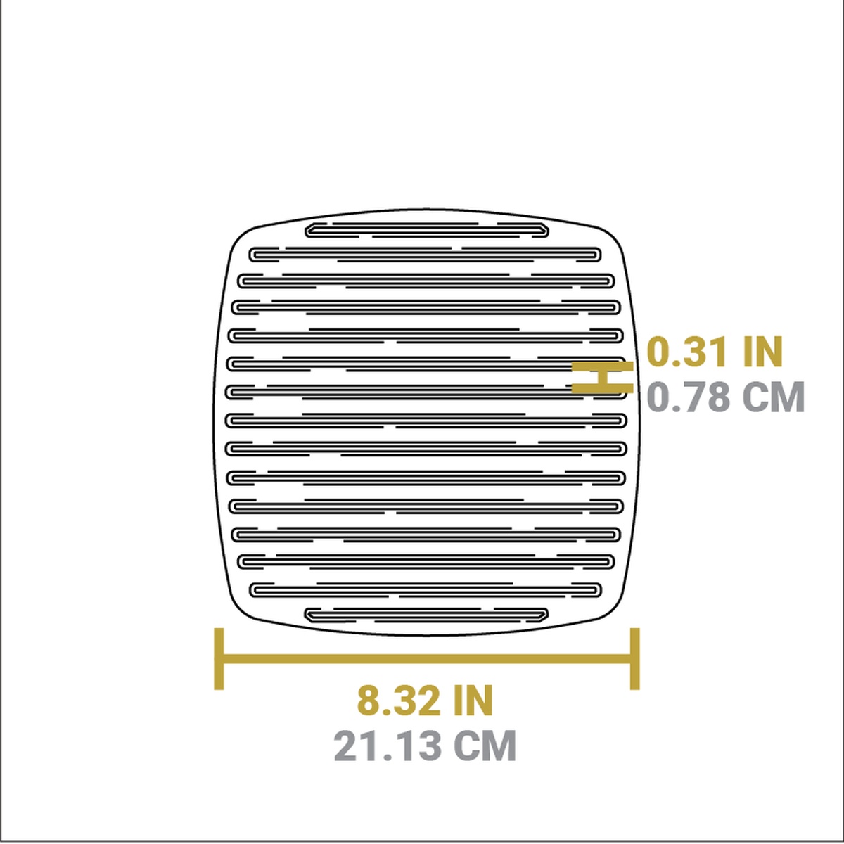 Bottom-view dimension diagram of Lodge LPP3 ribbed press surface showing 8.32 in (21.13 cm) width and 0.31 in (0.78 cm) ridge height