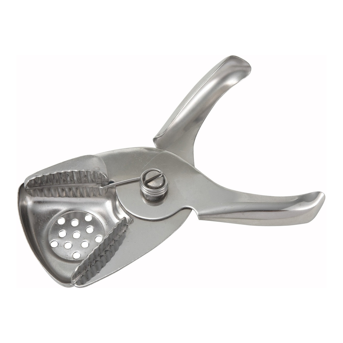 Winco LS-3 stainless steel lemon and lime squeezer with perforated strainer plate and spring-loaded handles