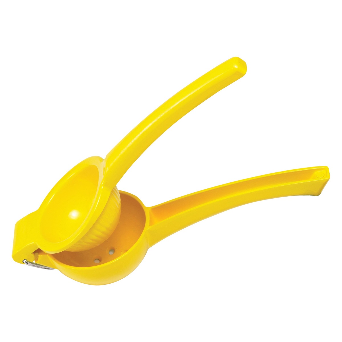 Winco LS-9Y yellow aluminum handheld lemon squeezer with two long handles and perforated squeeze bowl