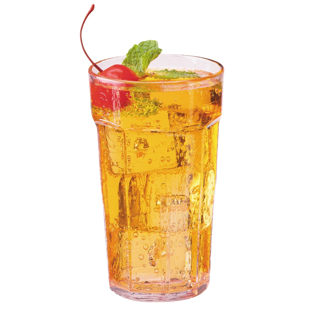 Cambro LT10152 Laguna clear 10 oz tumbler filled with iced amber drink garnished with cherry and mint