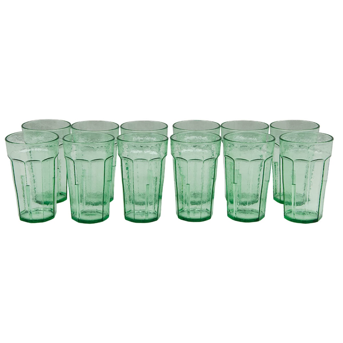 Multiple Cambro Laguna Spanish green 10 oz plastic tumblers arranged in rows on white background