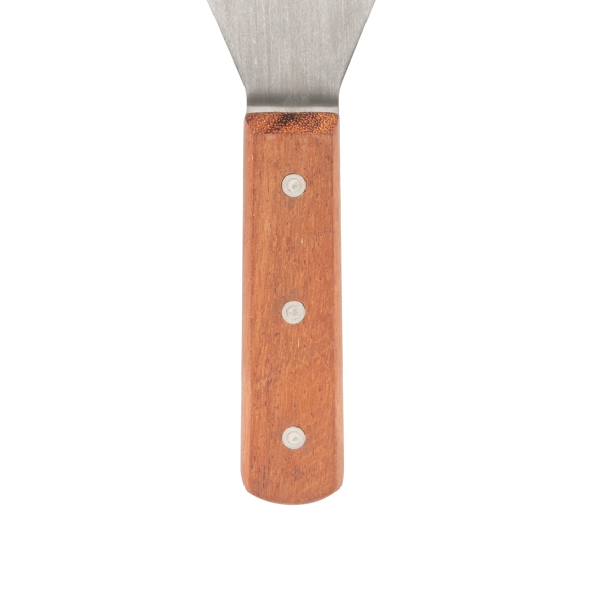 Close-up of the riveted wood handle on the American Metalcraft LT14P perforated turner
