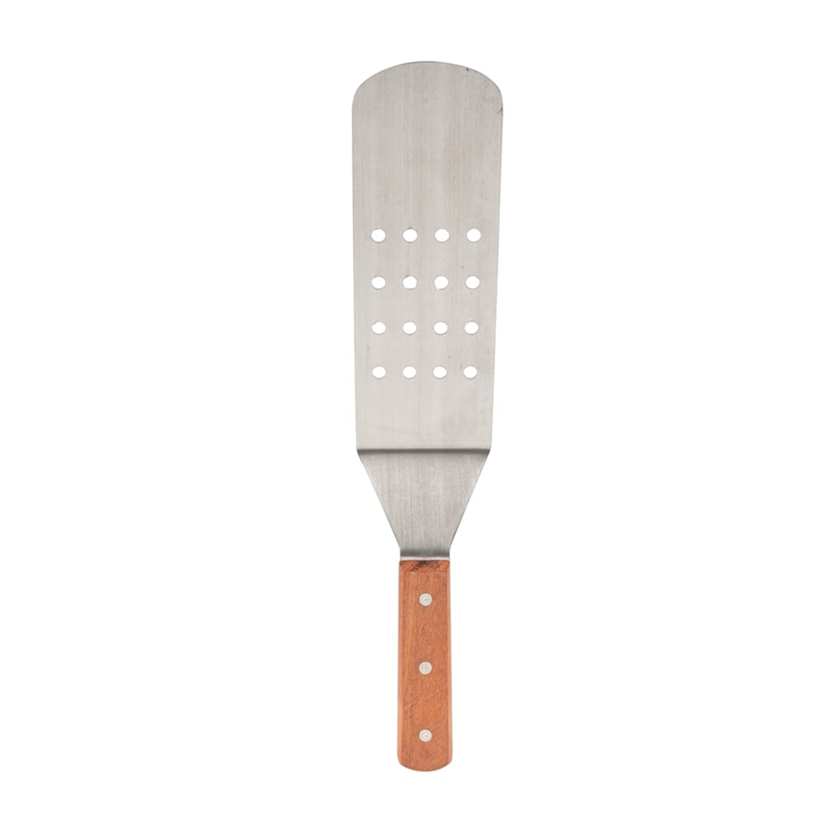 American Metalcraft LT14P perforated stainless steel turner with wood handle, full vertical view