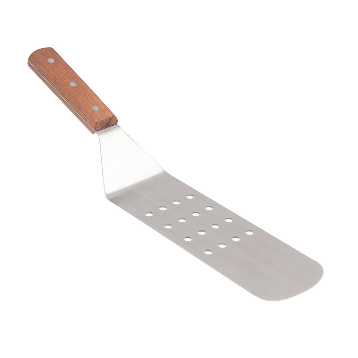 American Metalcraft LT14P turner shown at an angle, displaying the offset stainless steel perforated blade and wood handle