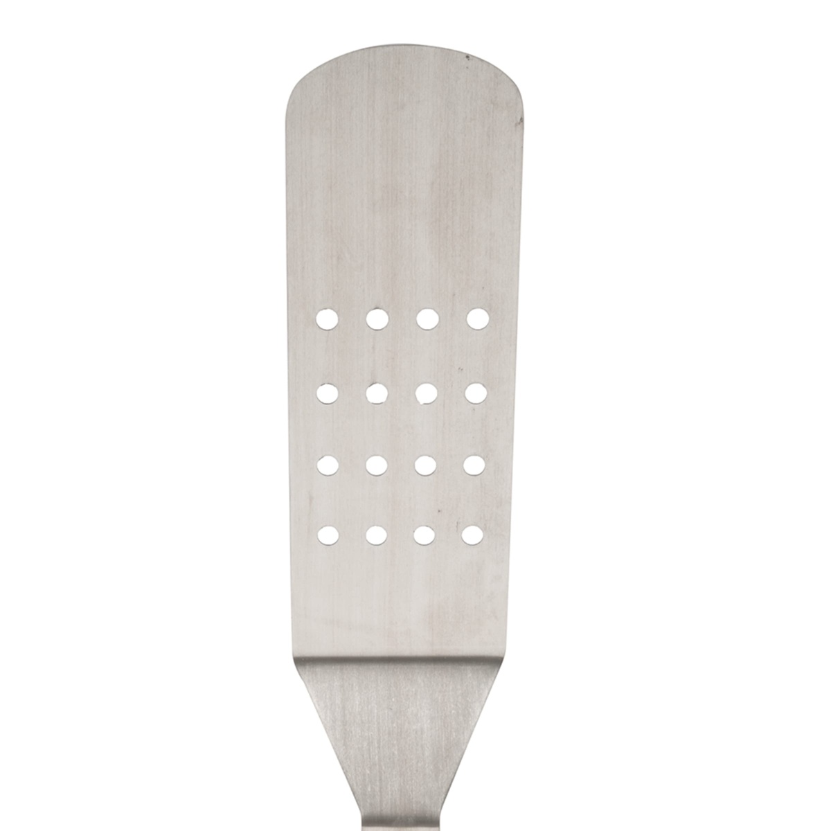 Close-up of the perforated stainless steel round blade of the American Metalcraft LT14P turner