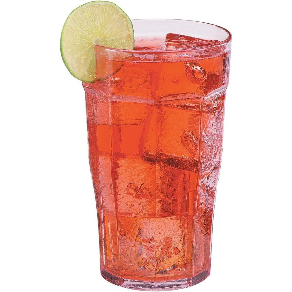 Cambro Laguna clear tumbler filled with a red iced beverage and a lime garnish, showcasing the hammered texture