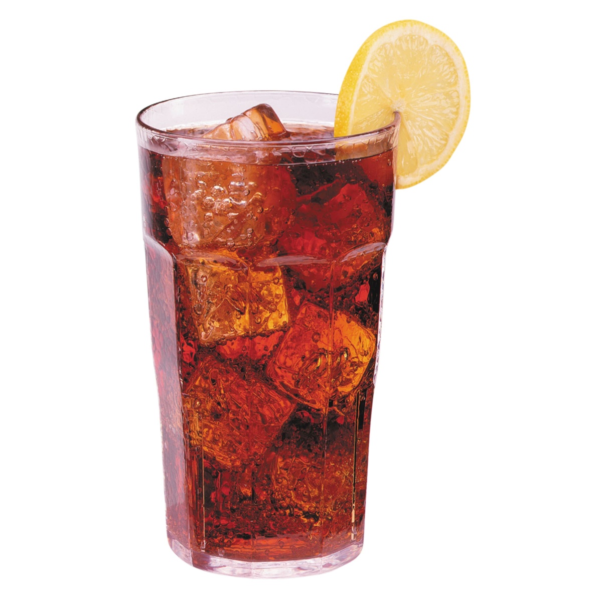 Cambro LT22152 Laguna tumbler filled with iced tea and ice cubes, lemon slice garnish
