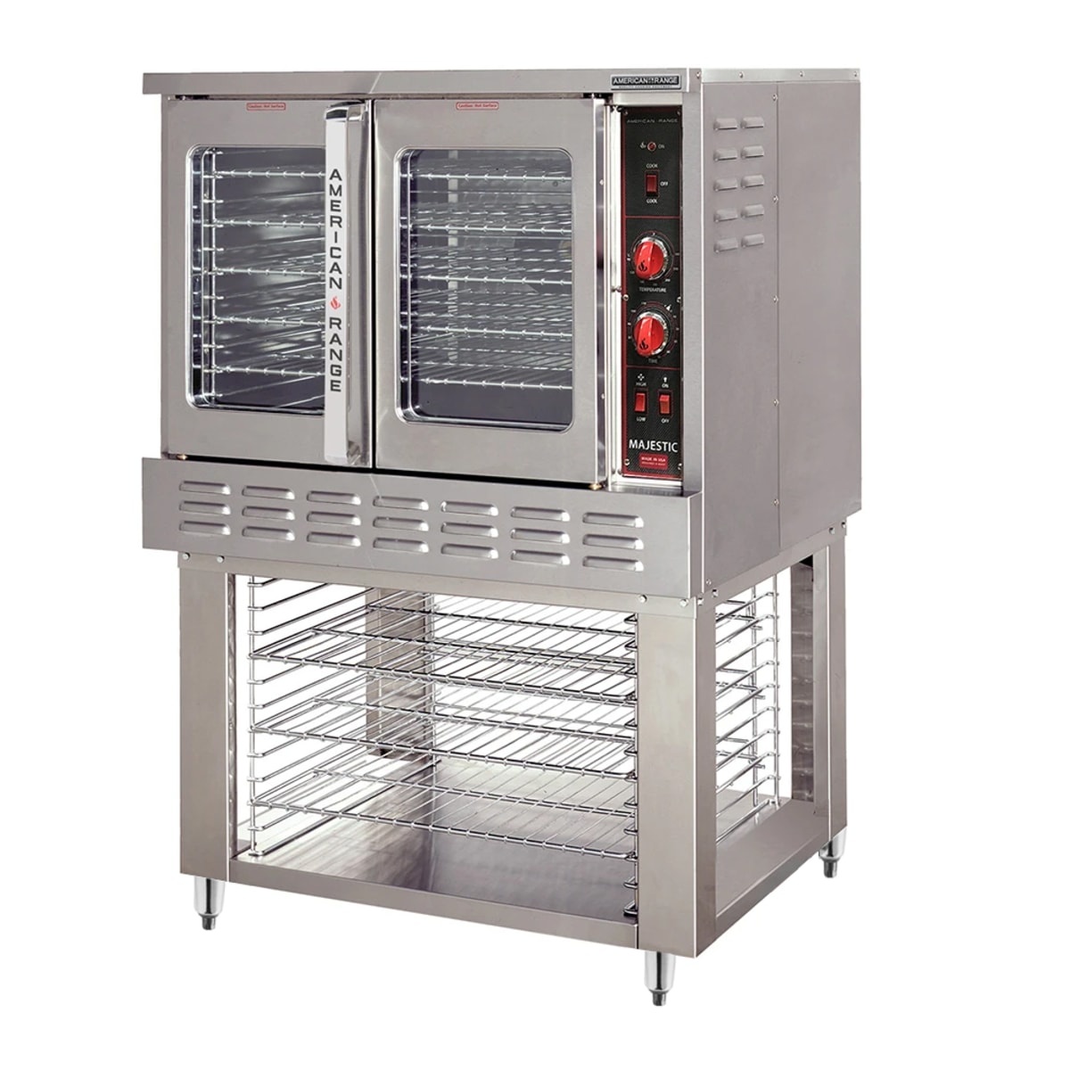 American Range Majestic M-1 single-deck gas convection oven with double doors and open rack stand