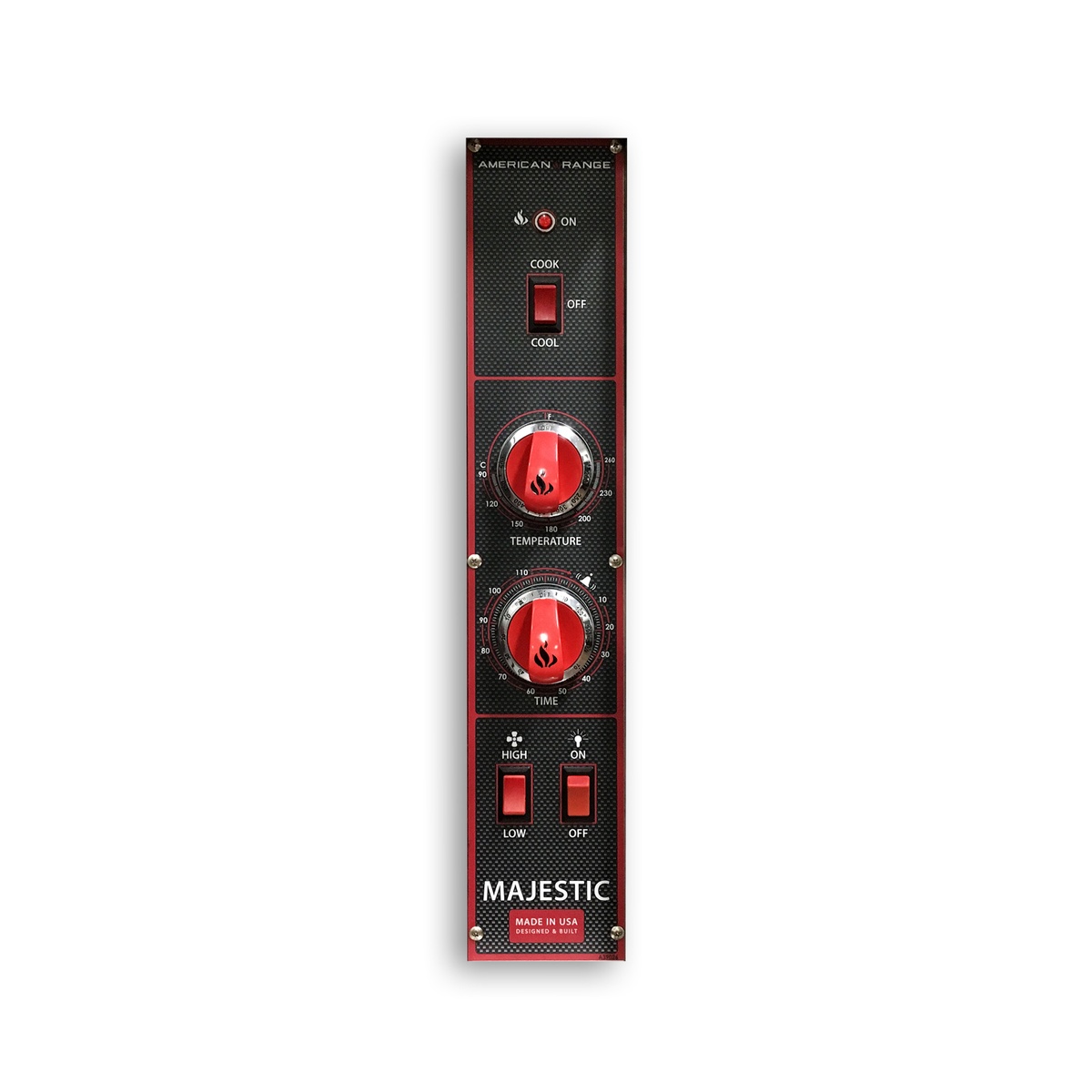 Majestic oven control panel with cook and cool switch, temperature dial, timer dial, and fan speed controls