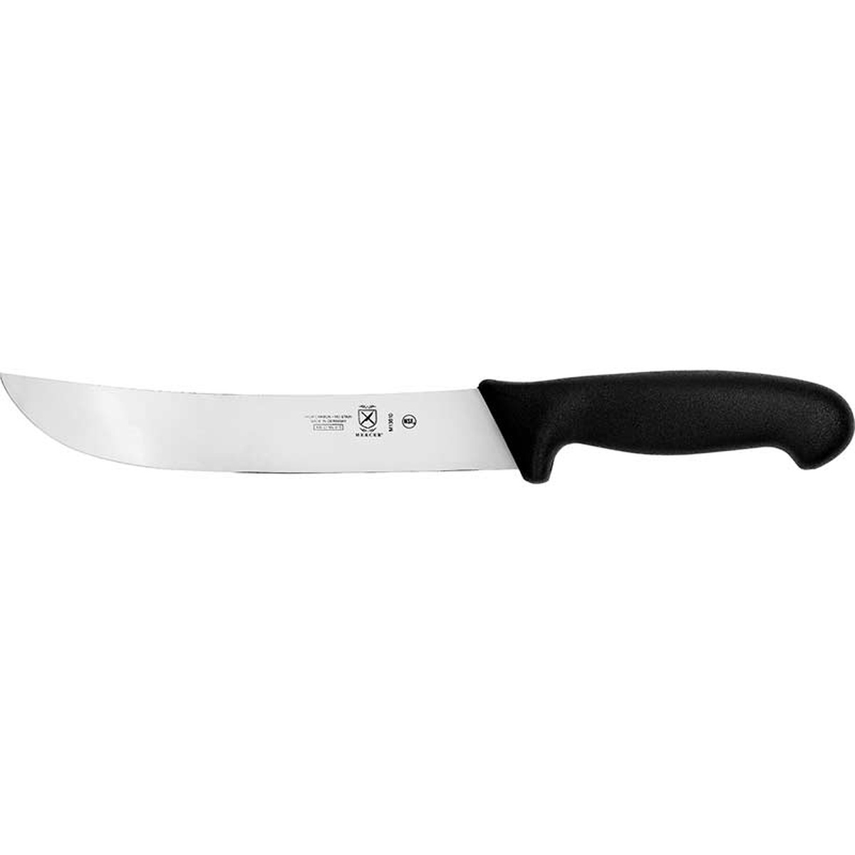 Mercer Culinary BPX M13610 10-inch cimeter knife with curved silver blade and black textured nylon handle