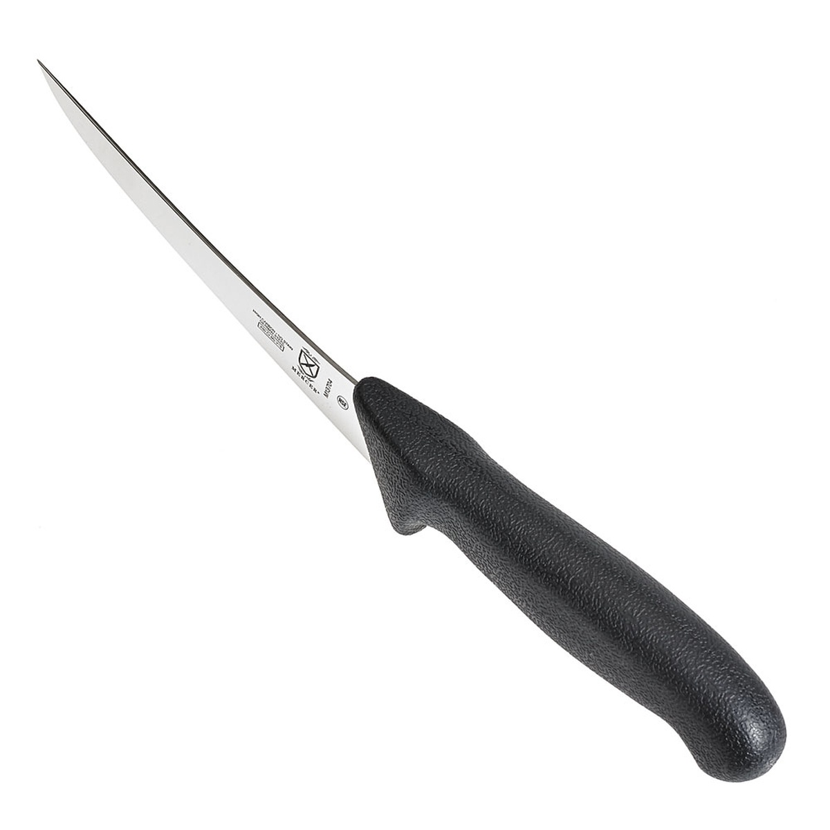 Mercer Culinary M13704 boning knife shown at an angle highlighting the curved blade and black handle profile