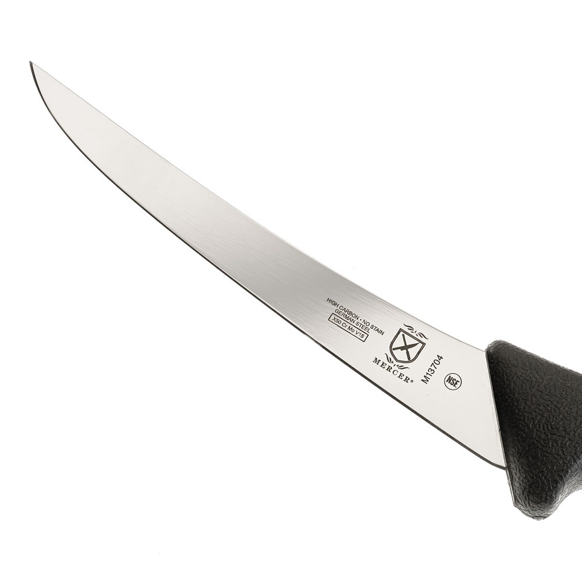 Close-up of the M13704 curved blade showing Mercer branding, NSF certification, and high-carbon German steel etching