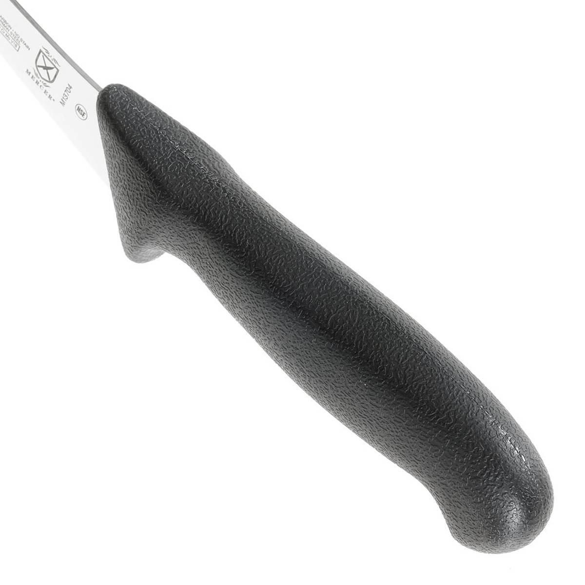 Close-up of the black textured glass-reinforced nylon handle on the Mercer Culinary M13704 boning knife