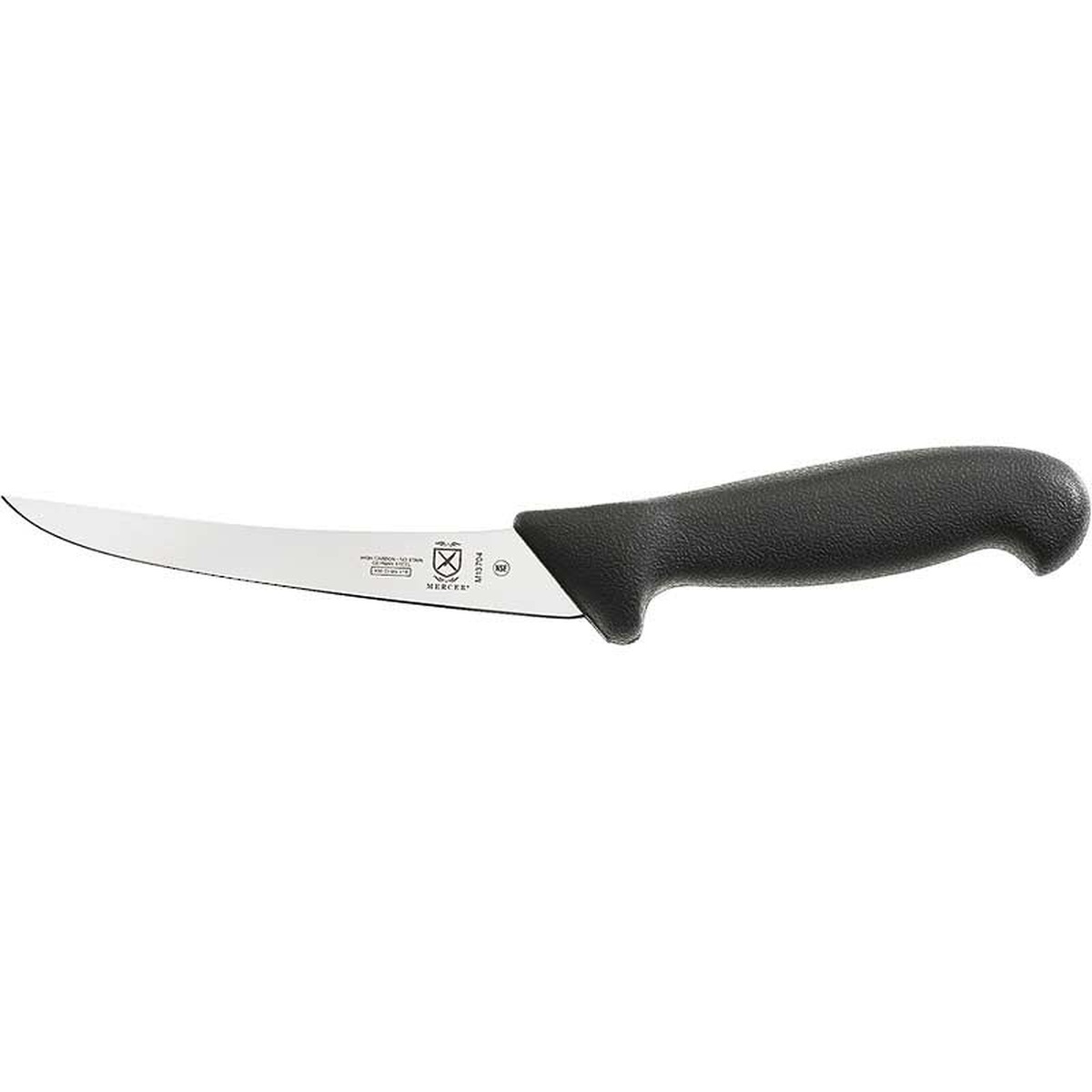 Mercer Culinary BPX M13704 semi-flexible curved boning knife with black nylon handle, full side profile