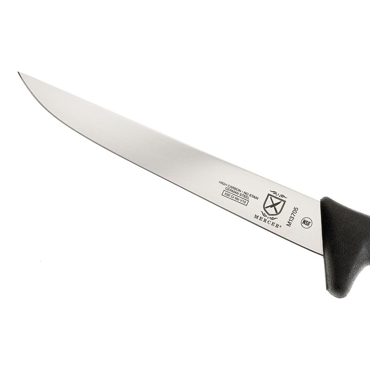 Close-up of Mercer Culinary BPX M13705 blade showing high carbon no stain German steel stamp and NSF certification