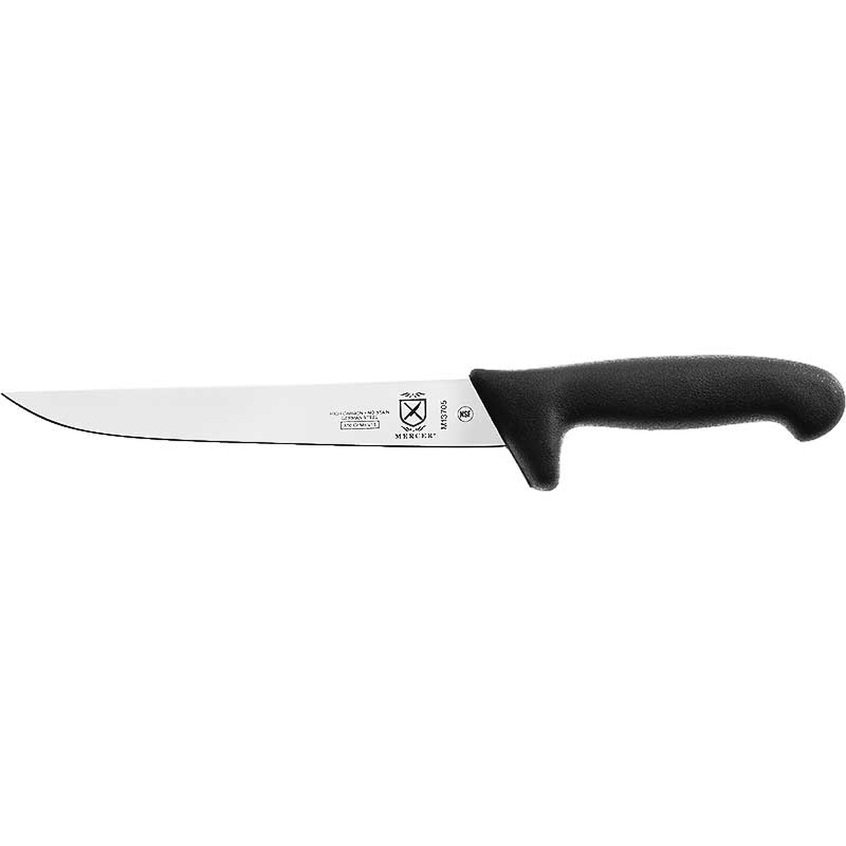 Mercer Culinary BPX M13705 sticking flank butcher knife full side profile with black nylon handle